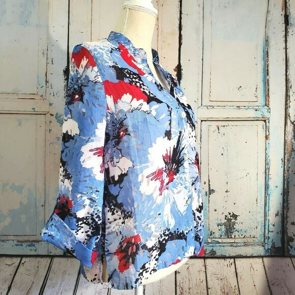 Brielle Blvd Burnout Top Size 8 Blue & Red Floral Semi Sheer Pearl Buttons Retro - Picture 4 of 12